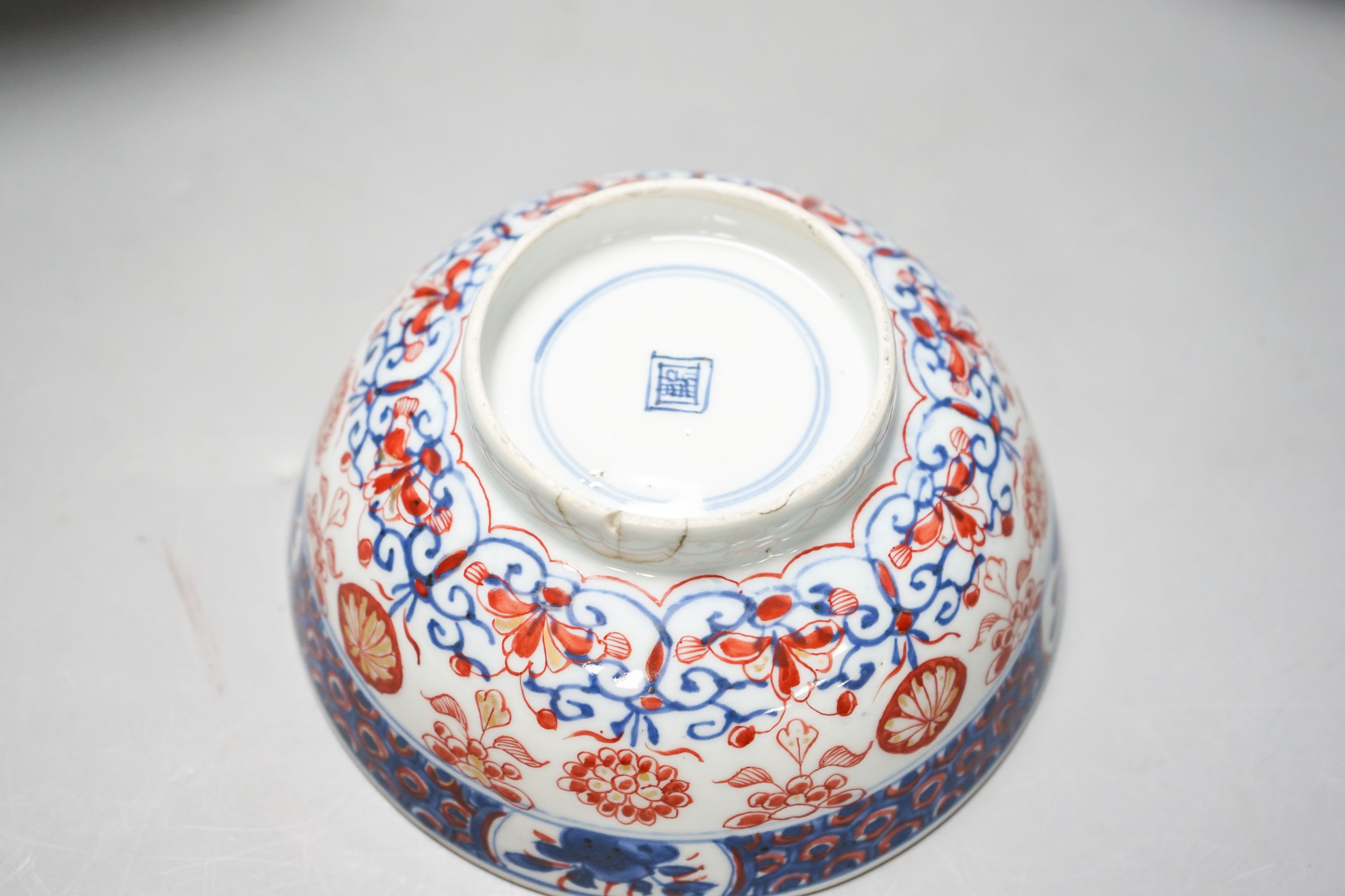 An 18th century Chinese clobbered blue and white bowl, a Samson powder blue ormolu mounted bowl, 19.5cm wide and a 19th century Chinese doucai style jar